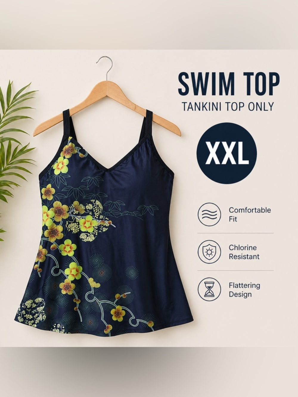 Plus Size Tankini Swim Top XXL Floral Black Tummy Control- Top only - Picture 3 of 3